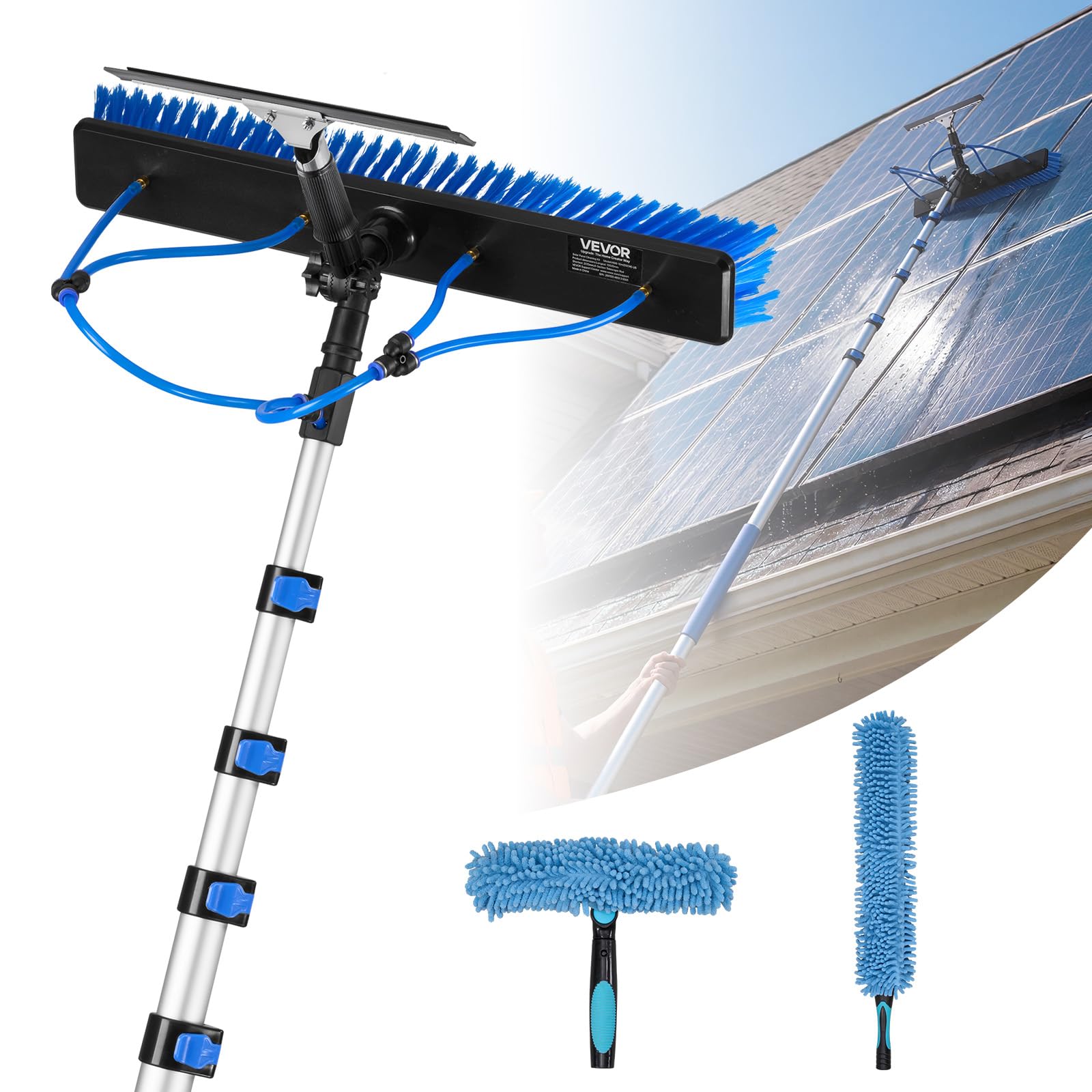 VEVOR Kit di Pulizia per Pannelli Fotovoltaici, 10 m, Spazzola 2 in 1 con Asta Telescopica in Alluminio per Lavaggio di Pannelli Solari, con Tergivetro, Dispenser di Sapone, Testa Ruotabile a 180°