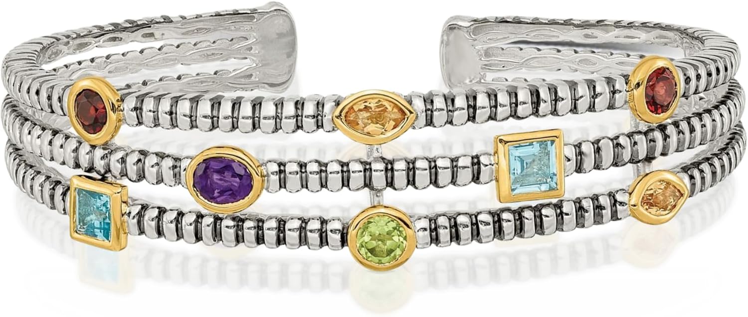 IceCarats 925 Sterling Silver Vintage 1.32 carat Green Blue Topaz Amethyst Citrine Multi gemstone Cuff Bracelet 7.5 inch, Oval Cut, Textured For Her