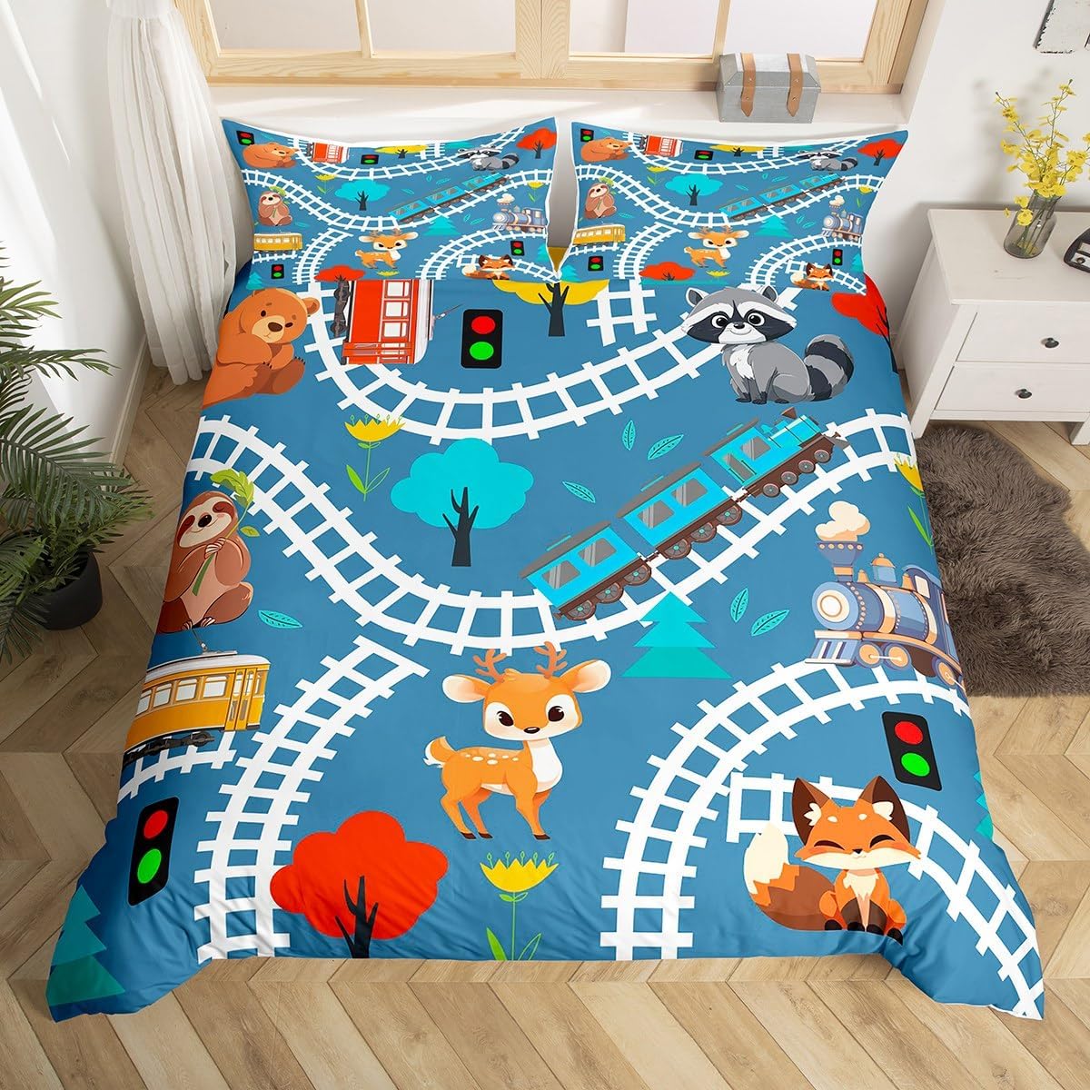 Erosebridal Cartoon Car Kids Duvet Cover Toddler Cute Animal Fox Raccoon Bedding Sets Cartoon Train Print Comforter Cover Lovely Sika Deer Sloth Bedspread Cover Equipment Truck Tractor Bedding