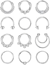 JeweBella 12Pcs 16G Septum Piercing Jewellery Surgical Steel Nose Ring for Women Girls Hinged Clicker Septum Ring Helix Tragus Conch Hoop Earrings Lip Nose Piercing Jewellery 8/10MM