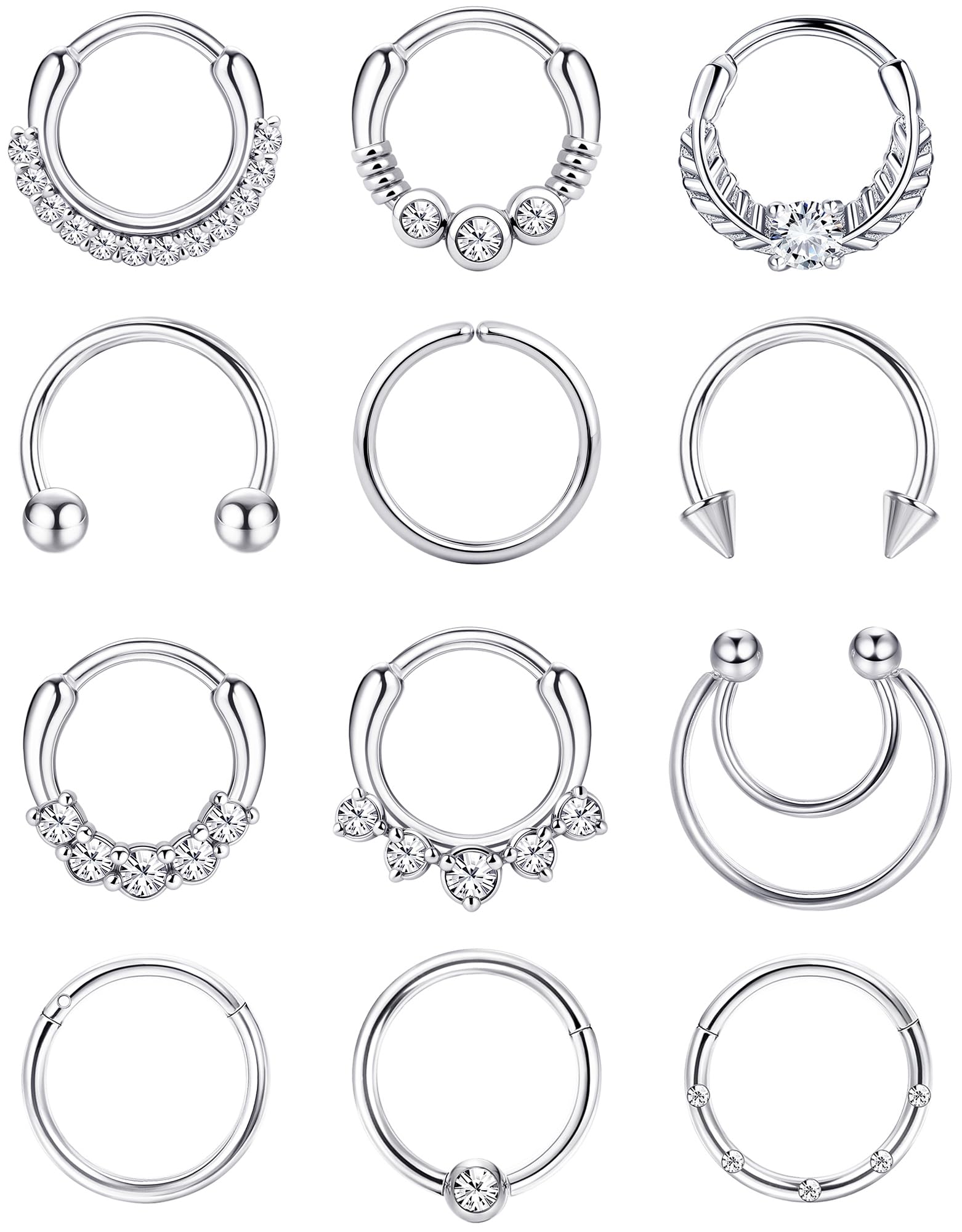 Vankula Anello Da Naso 10 PCS In Acciaio Chirurgico 16G 8mm Septum Nostril Daith Helix Rook Piercing Clicker Gioielli Uomo Donna Argento - 2
