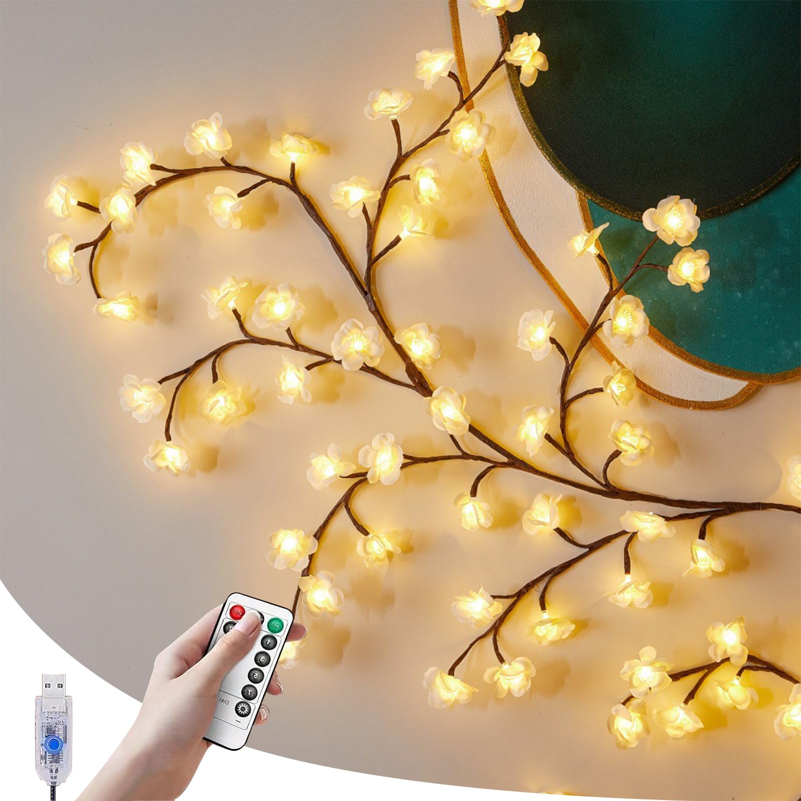 LED Tree Branch Lights for Wall Rose Lights with Remote and 8 Lighting Modes Rose Garland Willow Vine for Bedroom Indoor Wall Wedding Valentines Day Decor (White 1.8M 96LEDs)