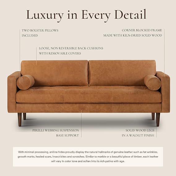 POLY & BARK Napa 88.5 Leather Sofa Full-Grain Italian-Tanned Aniline Leather, Feather-Down Comfort, Solid Wood Frame, Walnut Legs, Cognac Tan