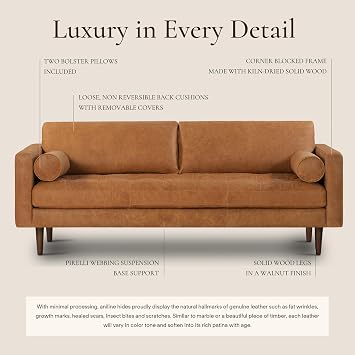 POLY & BARK Napa 88.5 Leather Sofa Full-Grain Italian-Tanned Aniline Leather, Feather-Down Comfort, Solid Wood Frame, Walnut Legs, Cognac Tan