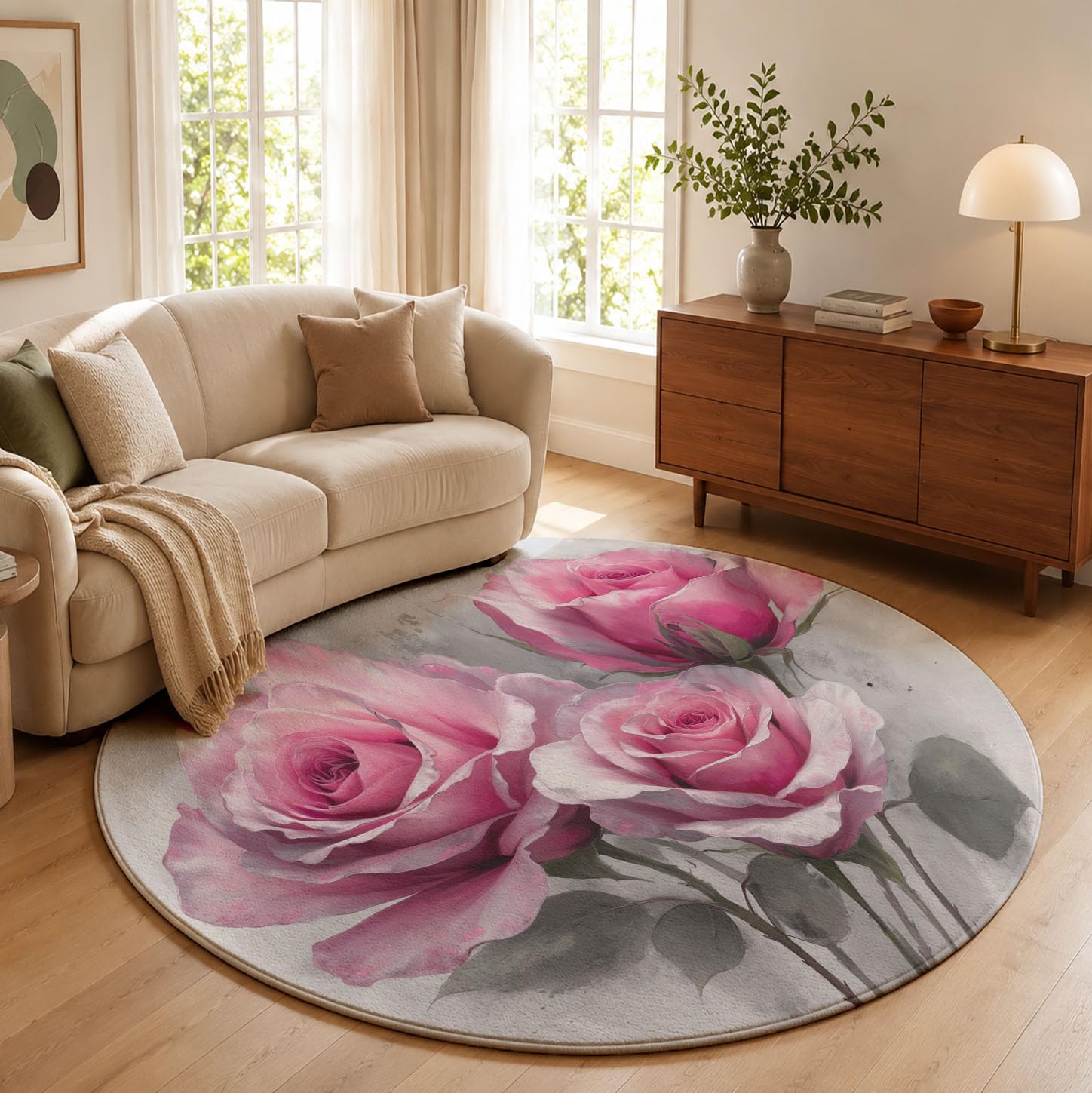 Tapis Rond Roses Roses Feuilles Vertes 180cm | Fleurs Aquarelles Vintage Rond Tapis Doux Résistant, Lavable Antidérapant pour Chambre à Coucher Salle à Manger