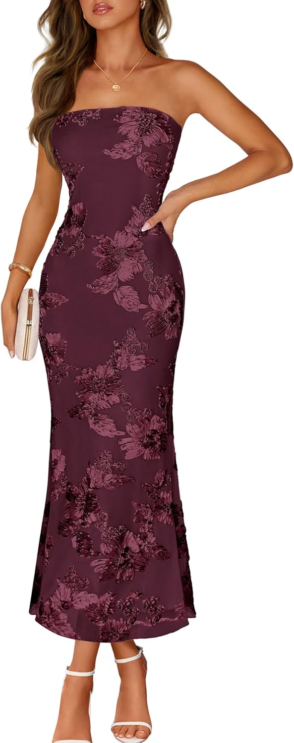MEROKEETY Women's Floral Strapless Maxi Dress 2026 Summer Mesh Tube Bodycon Formal Wedding Guest Cocktail Party Long Dresses