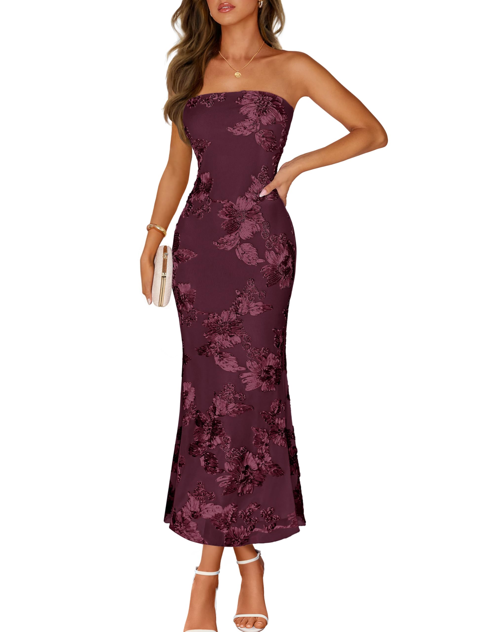 Photo 1 of MEROKEETY Women's Floral Strapless Maxi Dress 2026 Summer Mesh Tube Bodycon Formal Wedding Guest Cocktail Party Long Dresses, Burgundy, X-Small