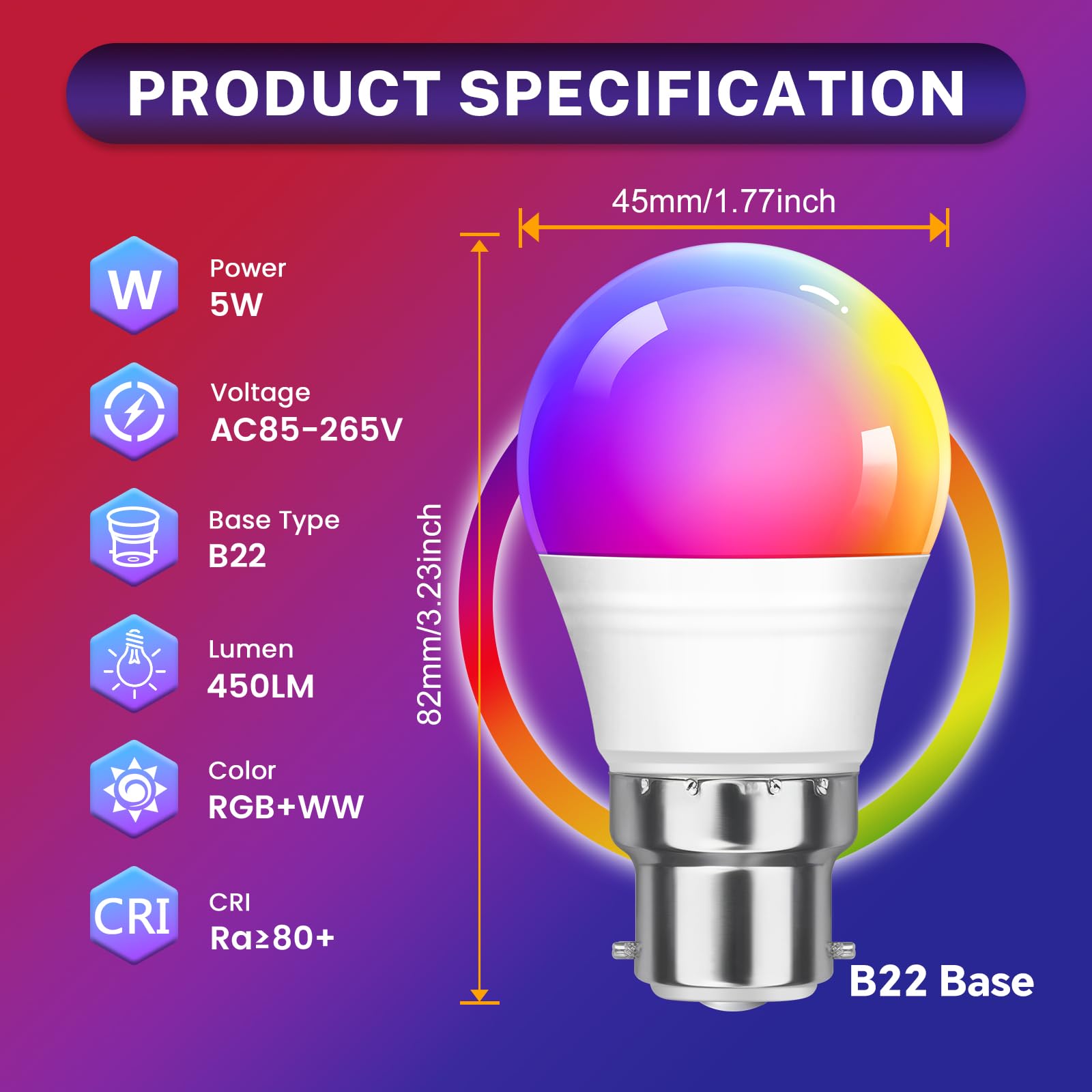 2 Pack 5W(Replacement 40W)G45 Dimmable Multi Color LED Lamp with Remote Control B22 Bayonet Base Color Changing Bulb - Image 2
