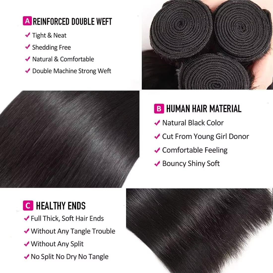 Straight Human Hair Bundles 18 20 22 Inch Unprocessed Brazilian Virgin Human Hair Weave 3 Bundles Human Hair Extension Double Weft Natural Color Straight Hair Bundles