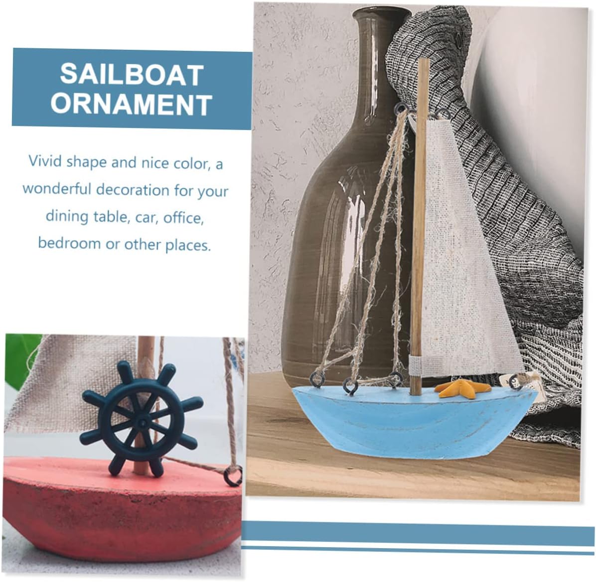 Angoily 3pcs Miniature Sailboat Models Mediterranean Style Nautical Decor for Home Office and Desktop Chic and Retro Boat Ornaments Light Blue Red and Dark Blue
