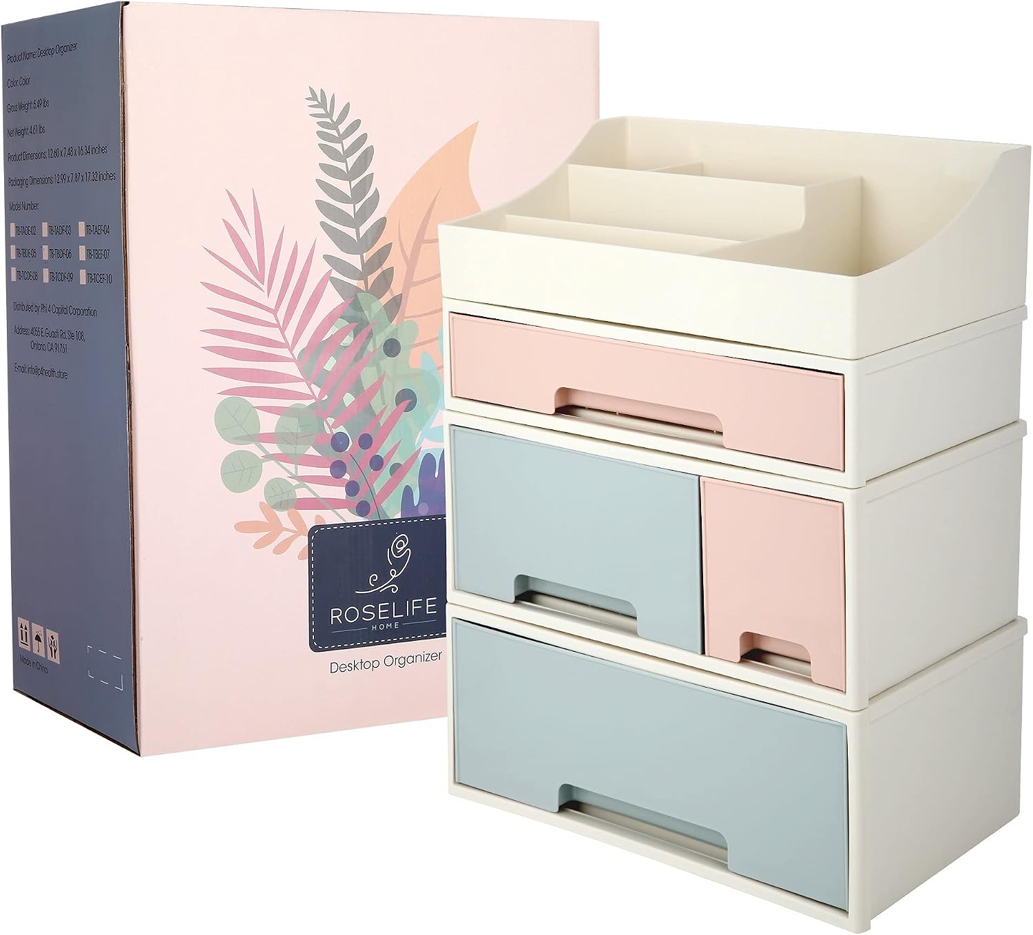 Makeup Organizer, Cosmetic Storage Box, [TCDF-09] Desktop Stationery, Remote Control Storage Box, Kitchen Spices Organizer Box, 4 Pieces 4 Drawers, 5 Slots, Blue, Pink and Green Assortment