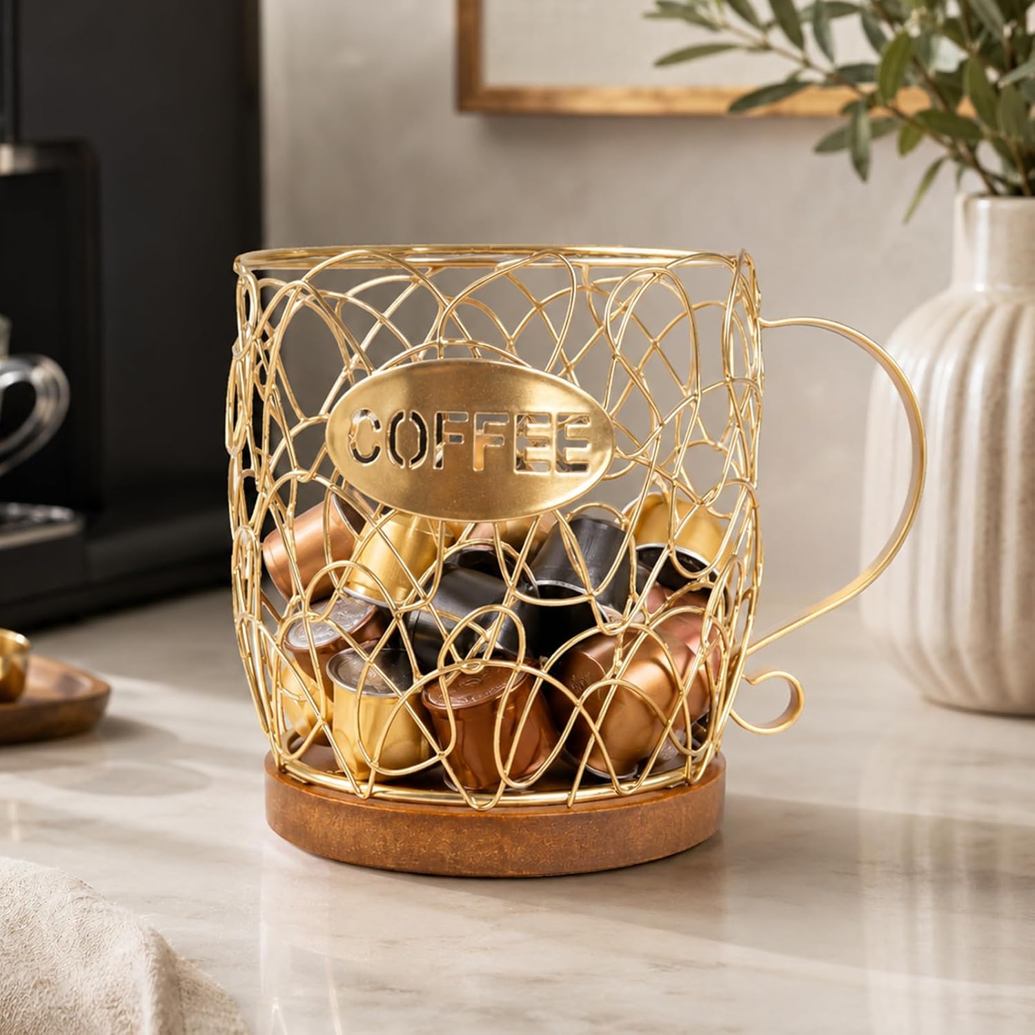 Coffee Pod Holder,Large Capacity Iron Coffee Capsule Basket Cup Holder with Handle & Wooden Base,Sturdy Coffee Pods Organizer Storage Basket for Kitchen Bar Countertop & Office Desktop (Gold)