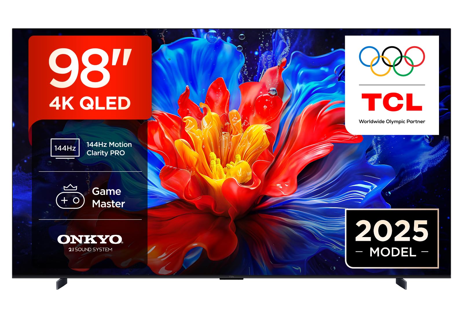 TCL 98P8K-UK 4K Ultra HD QLED Smart TV, 144Hz Gaming, Dolby Vision HDR10+, Google TV with BBC iPlayer, Onkyo 2.1 Dolby Atmos Sound