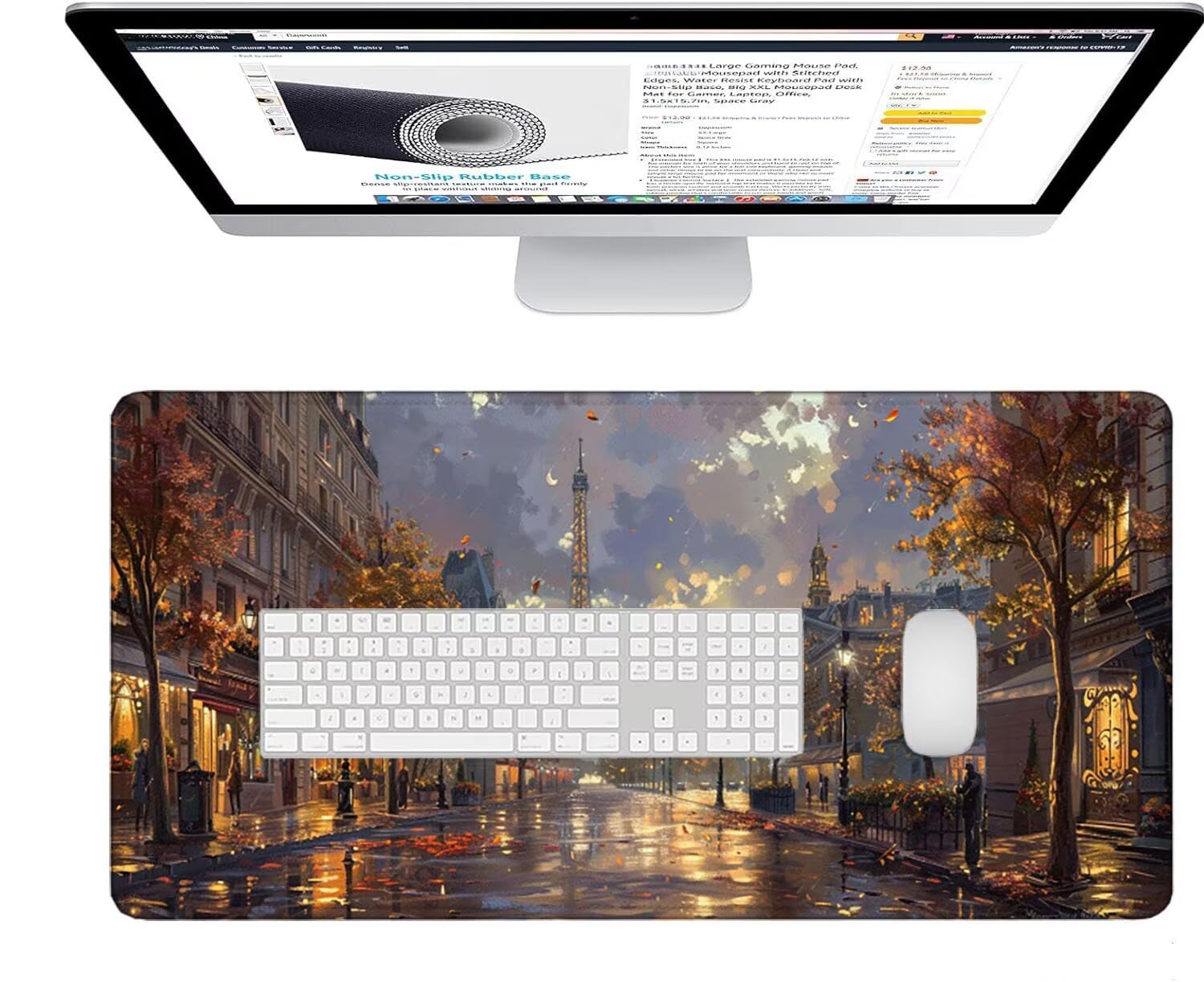 Podkładka pod mysz do gier, duża podkładka pod mysz XXL 1500 x 800 x 3 mm, podkładka pod mysz z wieżą Eiffla do klawiatury i biura, z przeszytymi krawędziami i antypoślizgową podkładką pod mysz do