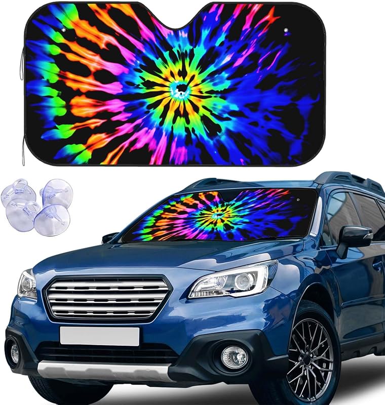 Protetor Solar para Para-brisa com Estampa Tie Dye Arco-Íris, Poliéster, Ventosas e Dobrável Jnomin
