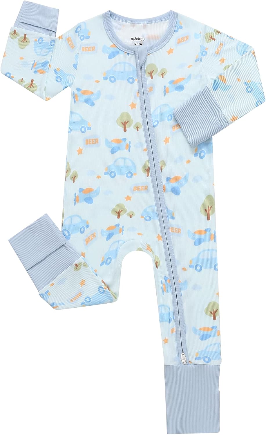 Bafeicao Bamboo Viscose Baby Pajamas with Mitten Cuffs, 2-Way Zipper Pjs, Non-Slip Soles, Sleepers for Baby Boy 0-18M