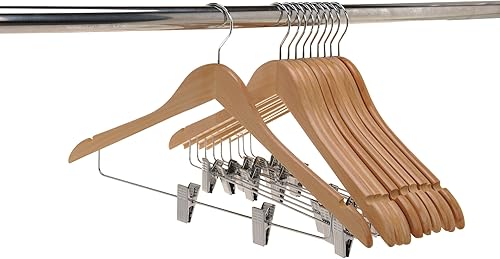 Miniatura 6 de Perchas de madera de calidad con clips, paquete de 80 perchas naturales para pantalones con clips ajustables de metal cromado, gancho giratorio,