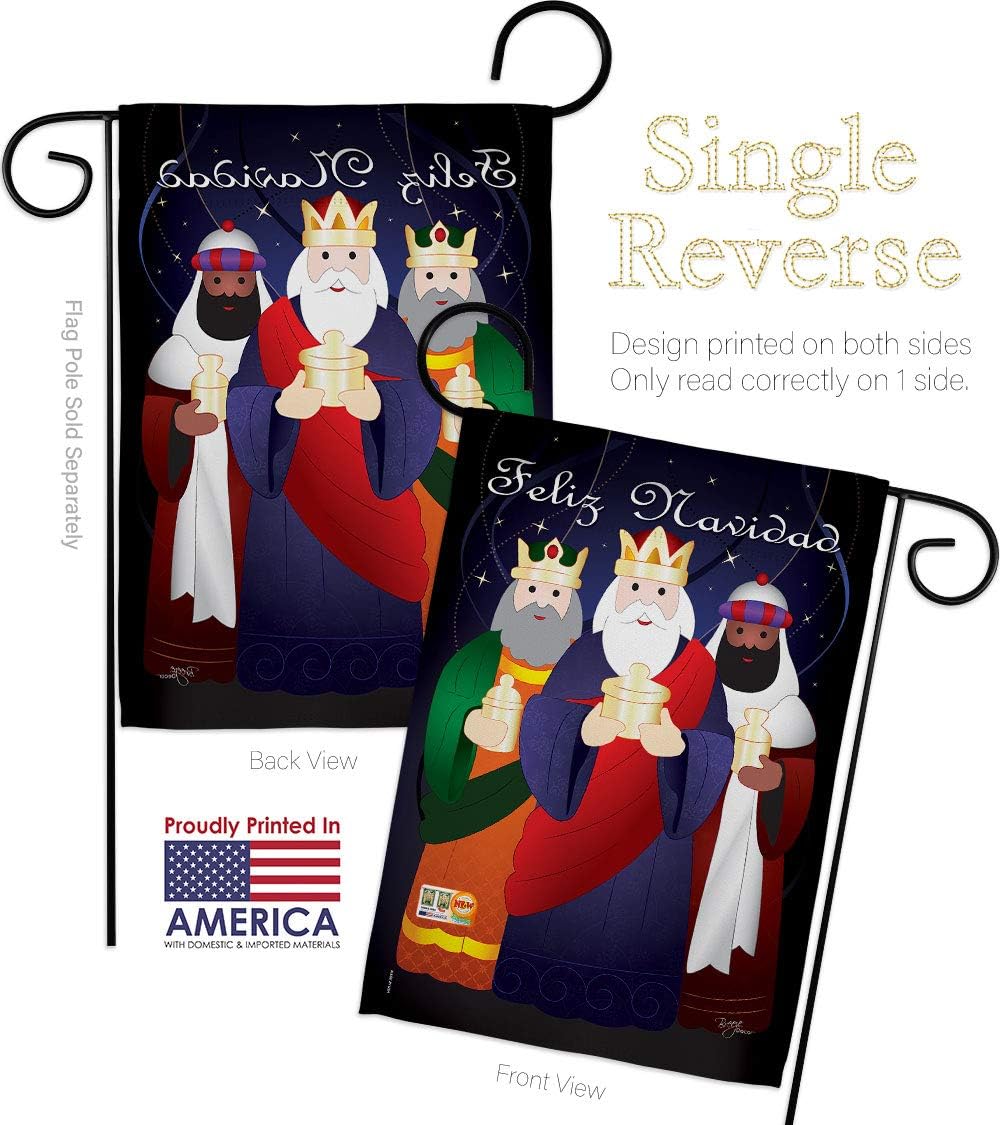 Feliz Navidad Garden Flag Set Wood Dowel Wintertime Nativity Three King Religious Holy Family Season Christian Small Decorative Gift Yard House Banner Made In USA 13 X 18.5