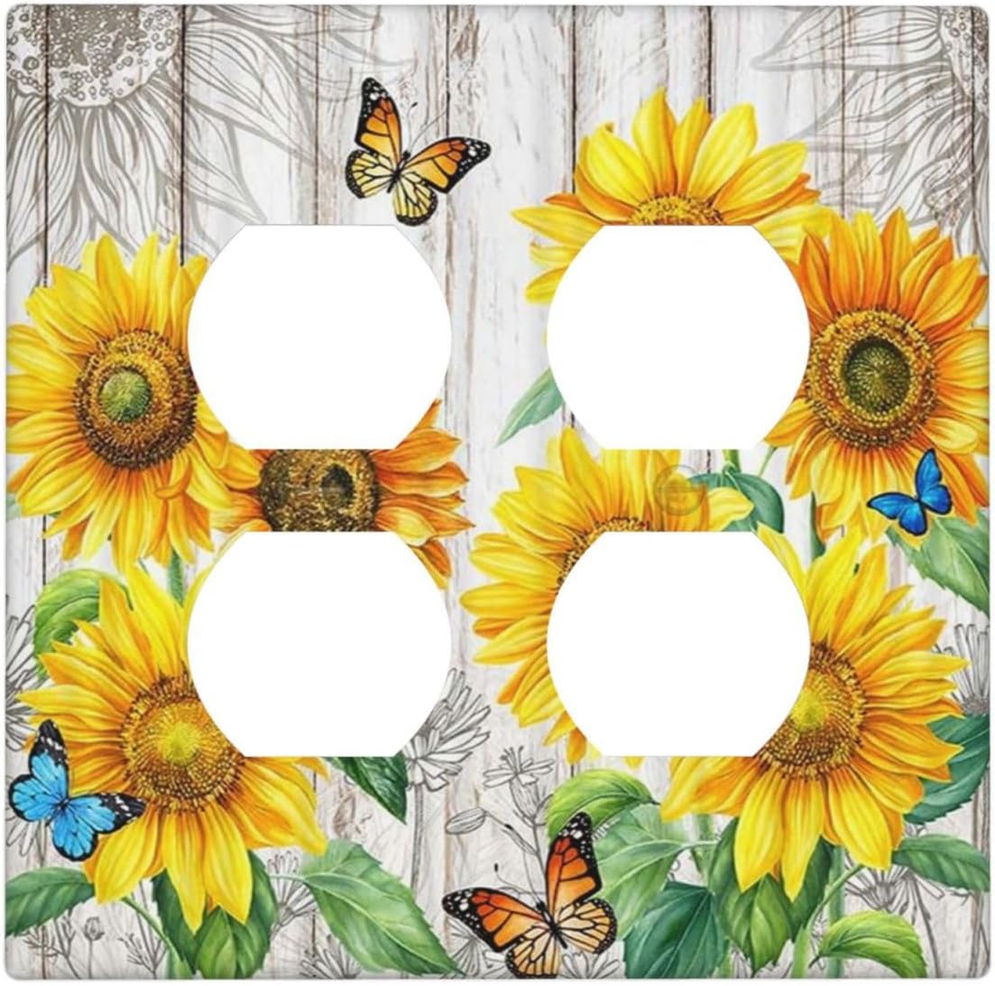 Yamxbfa 装飾ライトスイッチカバープレート 素朴なひまわり 農家 花柄 木製板 2ギャングソケットカバー ダブルデュプレックス