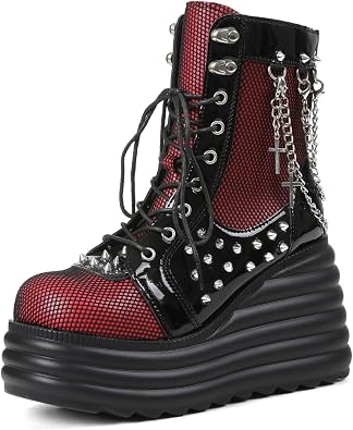 Womens Knee High Goth Platform Buckle Boots Round Toe Chunky Heel Punk Motorcycle Mid Calf Combat Boot Lace Up Wedge Boots