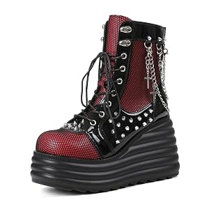Women Platform Studded Goth Boots Lace Up Wedge Booties Punk Chains Motorcycle Round Toe Chunky Heel Mid Calf