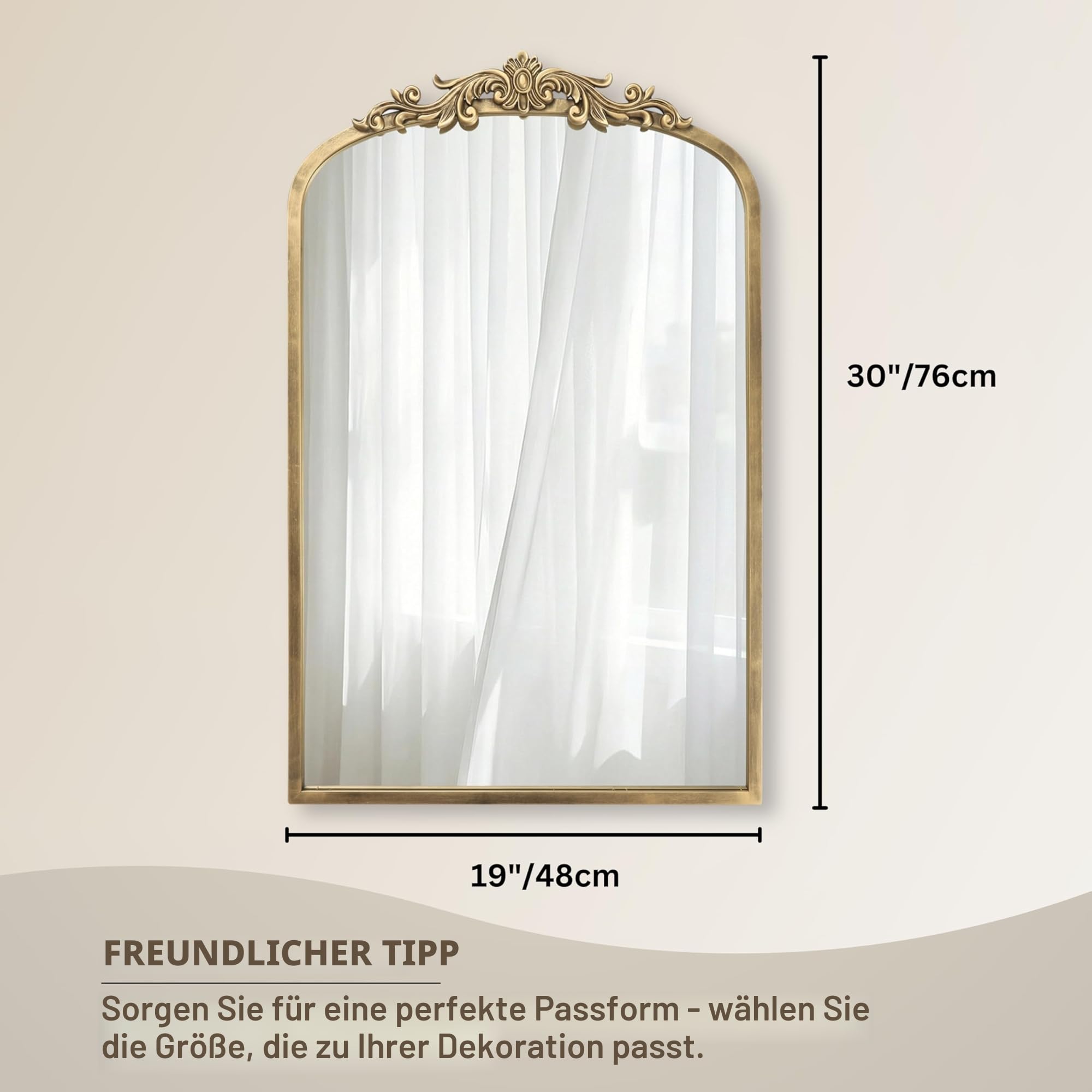 PERFNIQUE Gold Vintage Spiegel, 76 x 48 cm gewölbter antiker Barockspiegel für Wand, Messing Traditionelle kunstvolle Wanddekoration für Badezimmer Wohnzimmer Kamin Eingang Flur (76 x 48 cm)