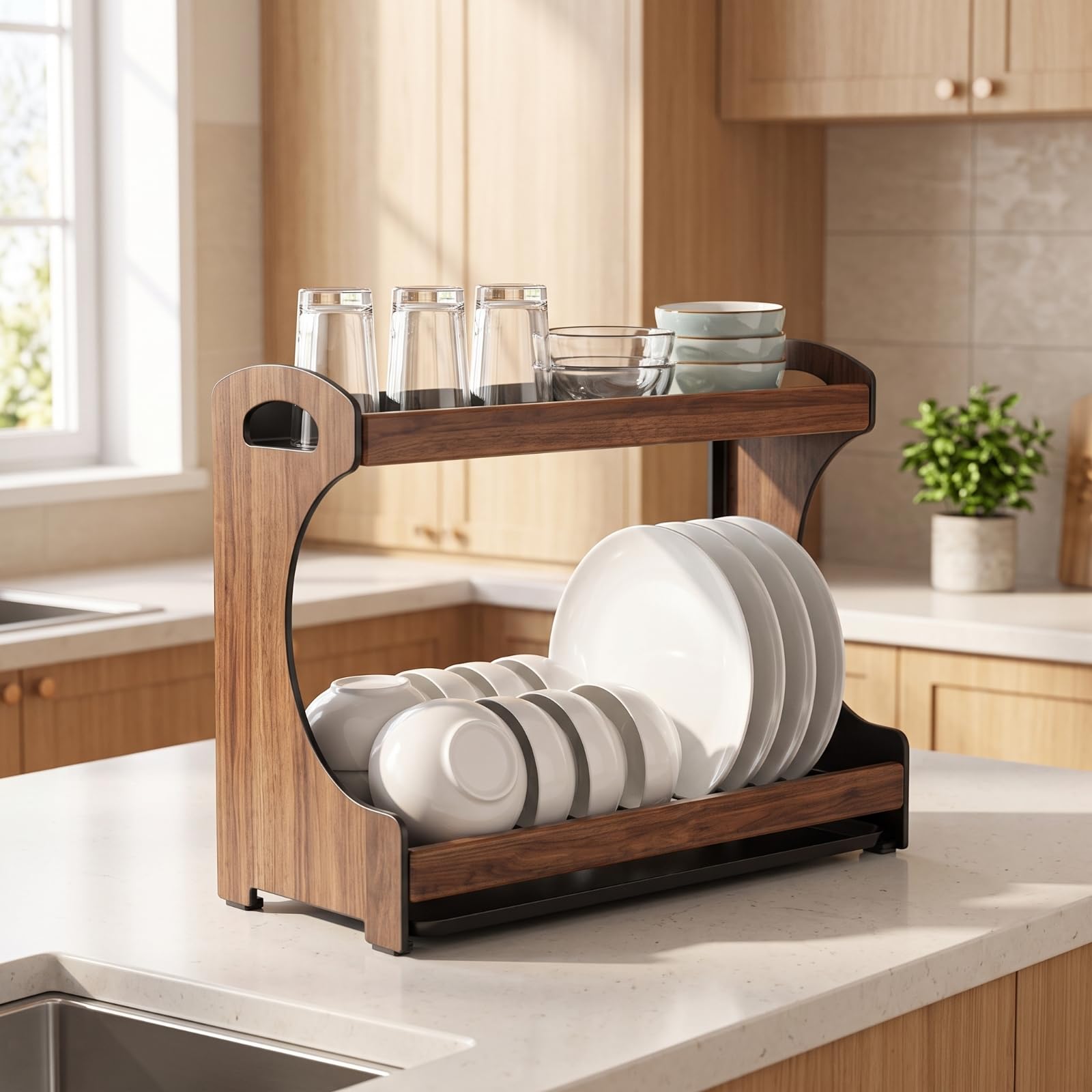 Colcolo Escurridor de Platos de Encimera Escurreplatos de Cocina de Dos Niveles Bandeja de Goteo Extraíble Laterales Resistentes y Adecuado para Hogares