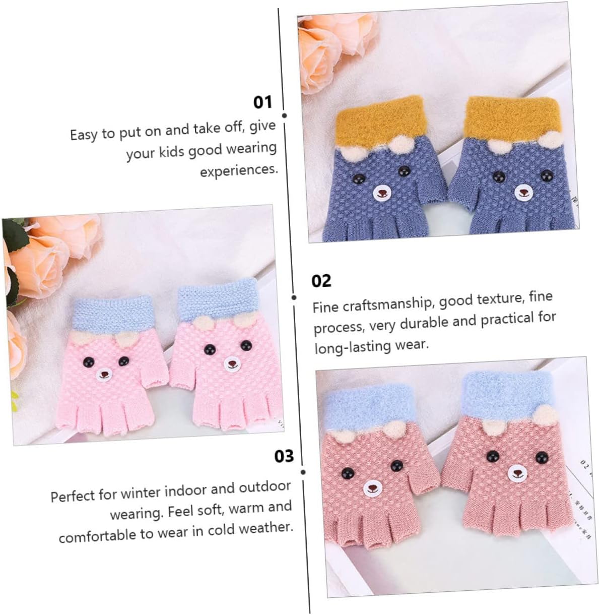 VALICLUD 4pairs Boys and Girls Fingerless Gloves Warm Knit Embroidered Half Finger Gloves for Indoor Outdoor Activities Random Color for Boy Girl Hands