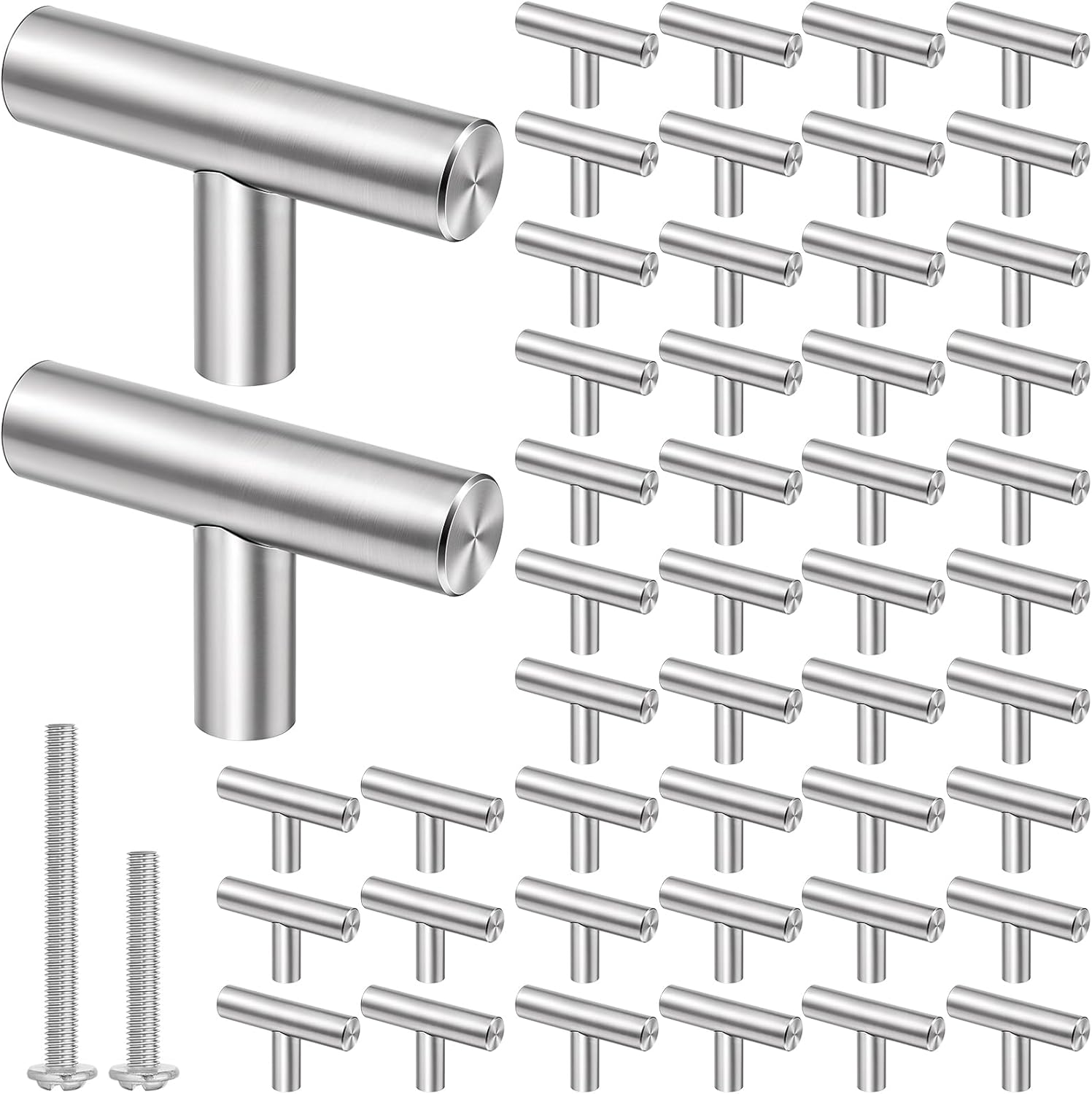 SHENLIU 50 Pack Brushed Cabinet Knobs, Kitchen Silver Pulls for Drawer Stainless Steel Dresser Cabinet Handles 2 in Length Single Hole T Bar Drawer Knob for Kitchen Cabinets and Dressers
