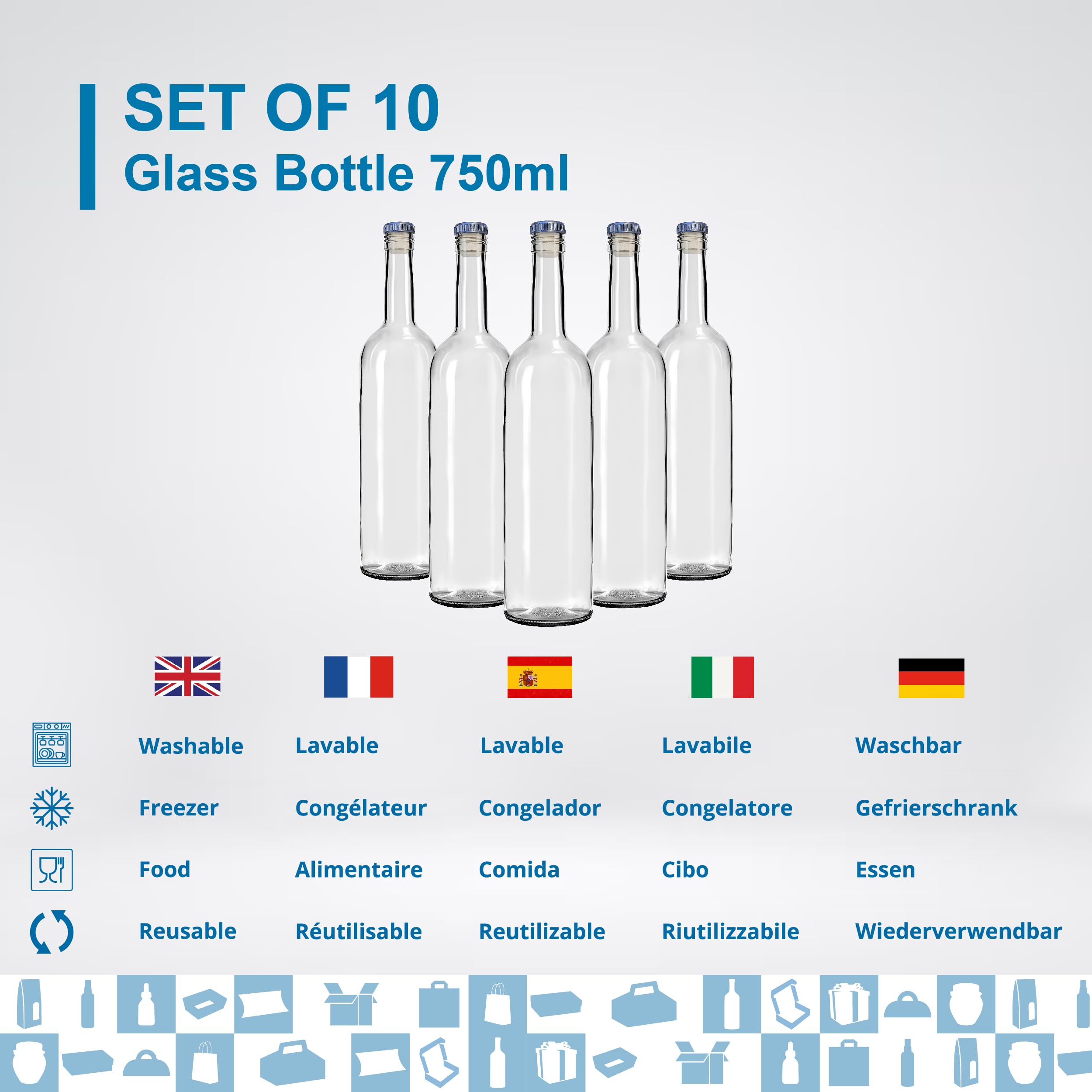 Espirito Rebelde - 10 botellas de vino de cristal de 750 ml con tapón encapsulado plateado, ideales para alcohol y otras bebidas, recuerdos y cócteles