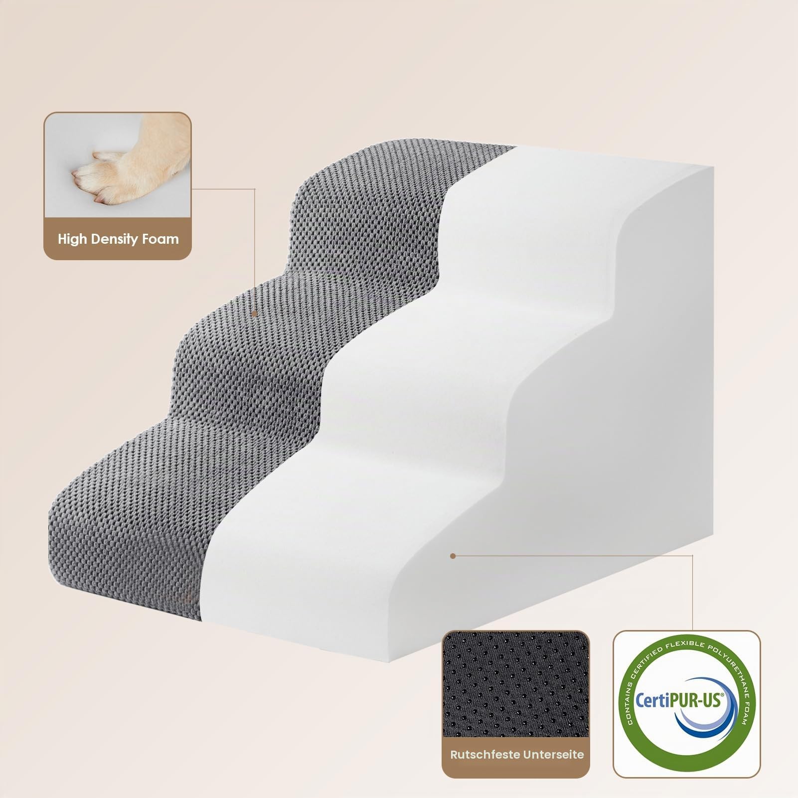 EHEYCIGA Hundetreppe für Kleine Hunde 40 cm Hoch, Haustiertreppe für Sofa Bett, Treppe für Hunde aus Hochdichtem Schwamm, Hunderampe mit Waschbarem Bezug und Rutschfestem Boden, 3 Stufen, Grau