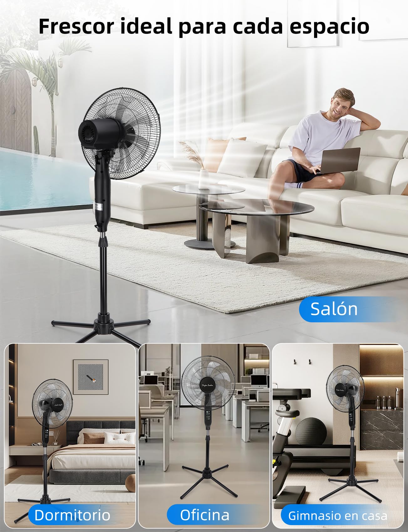 Taylor Swoden Ventilador de pie con Mando, 7 Aspas. Potente y Silencioso, pantalla LED, temporizador 9H, 3 velocidades y 3 modos (Normal/Natural/Sleep), Oscilación de 70°, altura regulable, Ø 43 cm