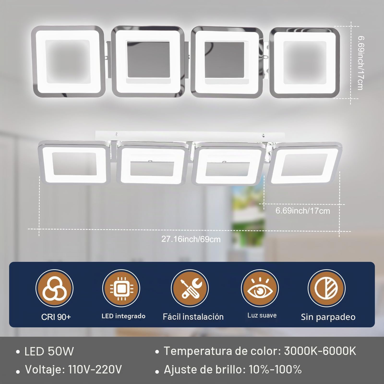 Lámpara de techo LED regulable (69 cm, con mando a distancia, 3000-6500 K, 4 cuadrados, plata, lámpara de techo para pasillo, comedor, dormitorio, oficina, cocina, salón