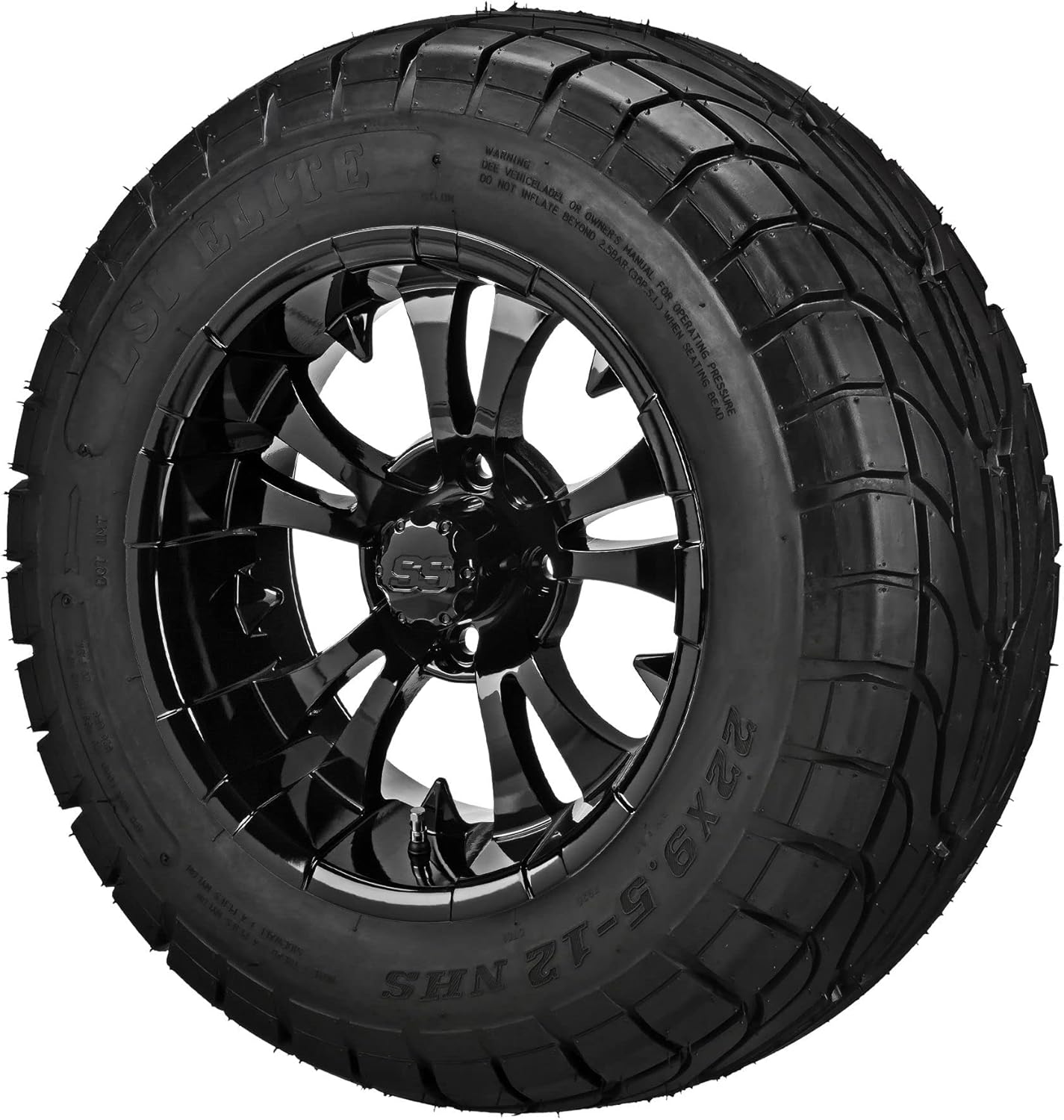 RM Cart 12" Warlock Gloss Black on 22x9.50-12 Street Tires (Set of 4) | Golf Cart Tires and Wheels Combo with Standard Lug Nuts