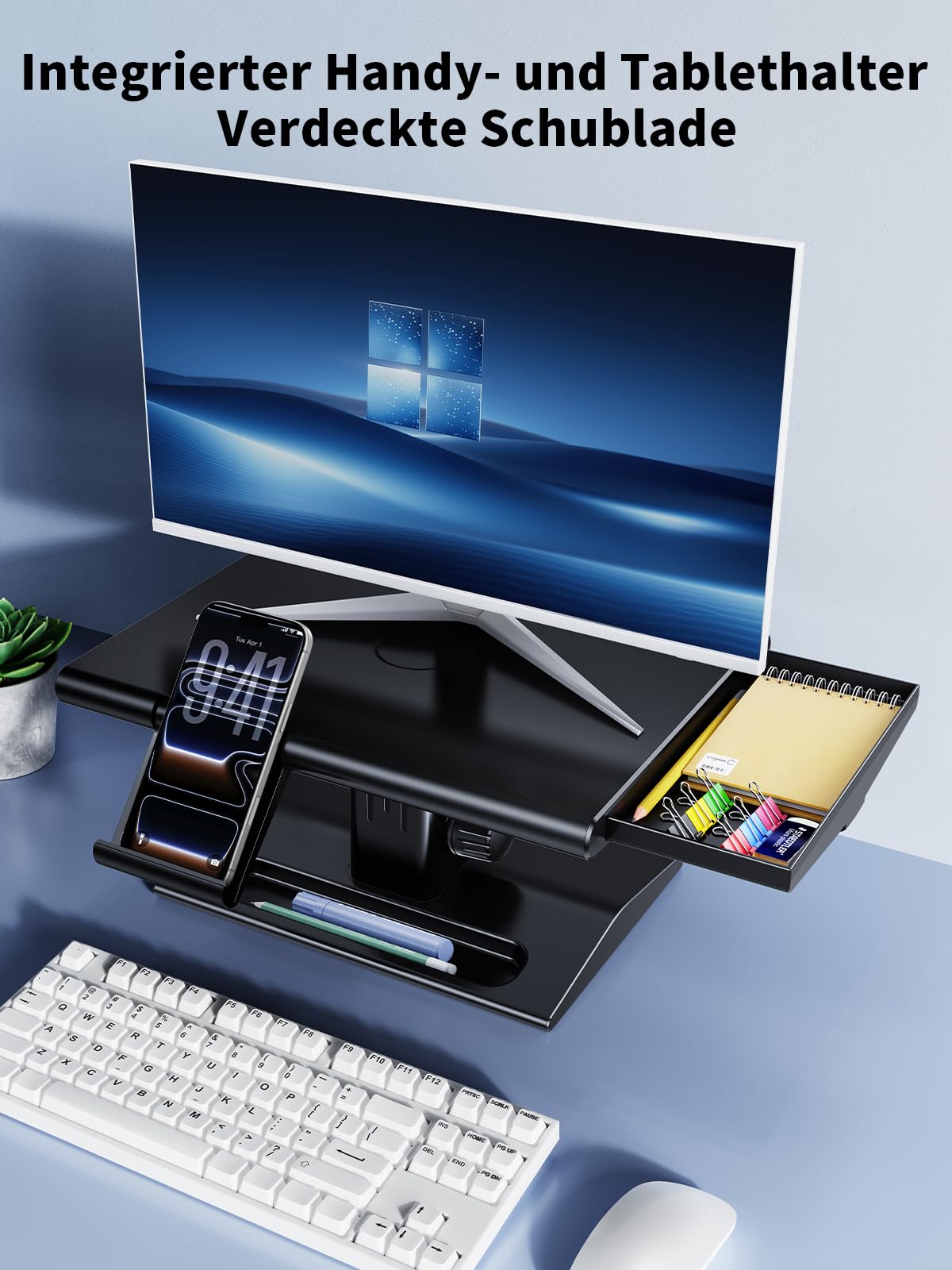 Monitorständer,HöHenverstellbar Monitor Erhöhung Schreibtisch Erhöhung Monitor Stand mit Schubladen & Handyhalterung,Ergonomisch Desktop Bildschirmerhöhung Ständer für Computer,Laptops,PC,TV