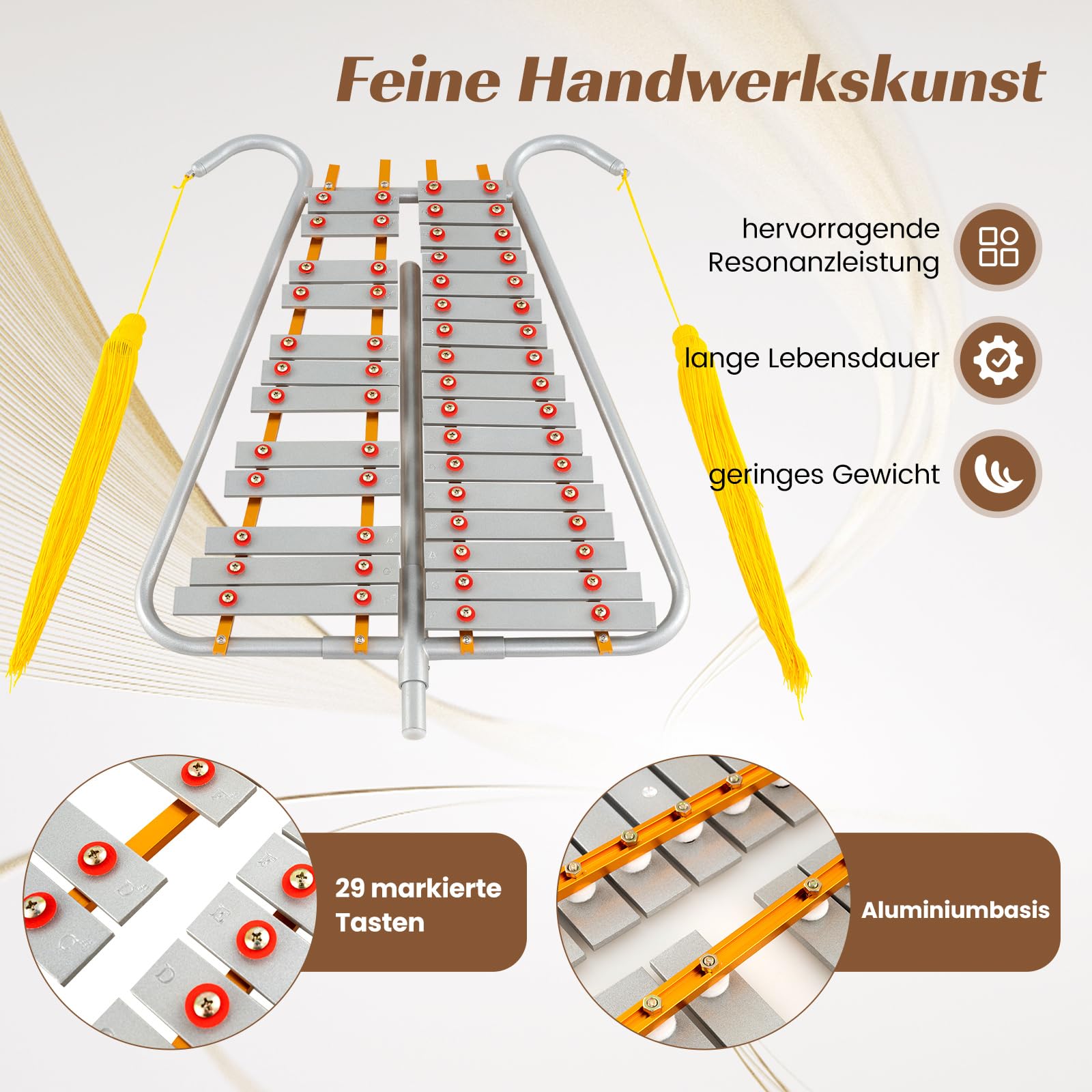 COSTWAY 29 Noten Glockenspiel, Aluminium Marsch-Xylophon mit verstellbarem Griff, 2 Schlägeln, Gürtelclip und Gürtel, Percussion Instrument, Metallophon für Erwachsene