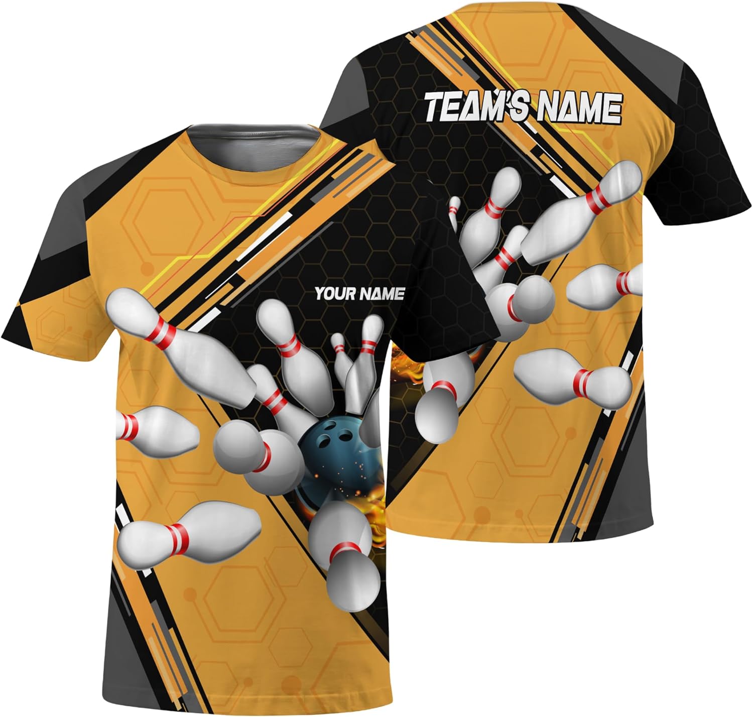 Unisex Bowling T-Shirt Print Top with Dark Yellow and Geometric Pattern Graphic On it for Bowling Team