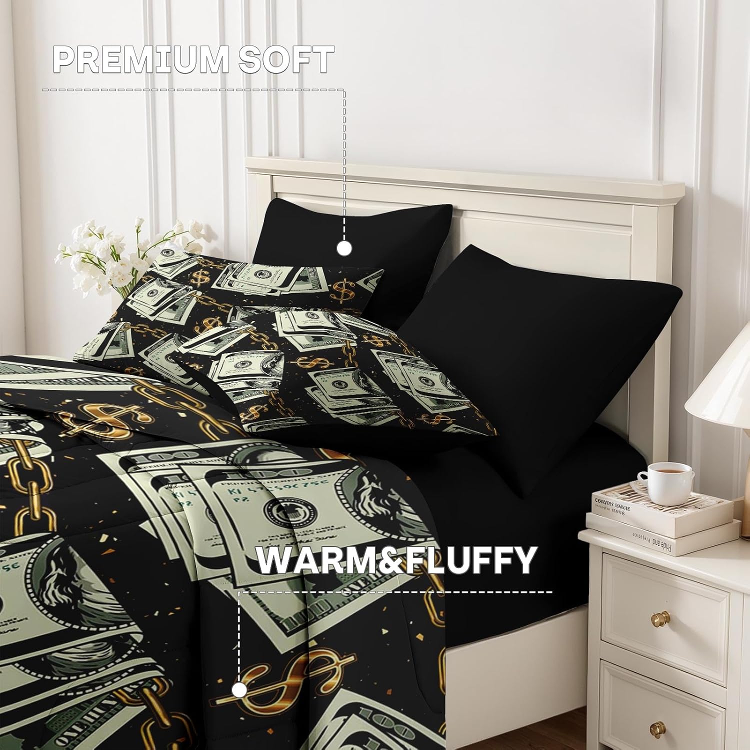 Nesker 7 Pcs Comforter Set Queen Size, Gold Money Bill Coins Bedding Set for Kids and Adults, Abstract One Hundred Dollar Sheets Bed Sheet Sets with Fitted Sheet 2 Pillowcases & 2 Shams