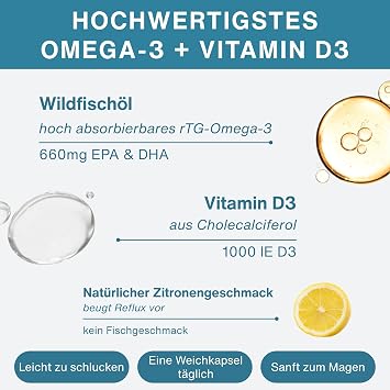 Igennus High-Quality Omega-3 Wild Fish Oil + D3 rTG Triglyceride Form 893 mg EPA & DHA 660 mg IFOS certified 180 servings once daily free from environmental toxins lemon flavour