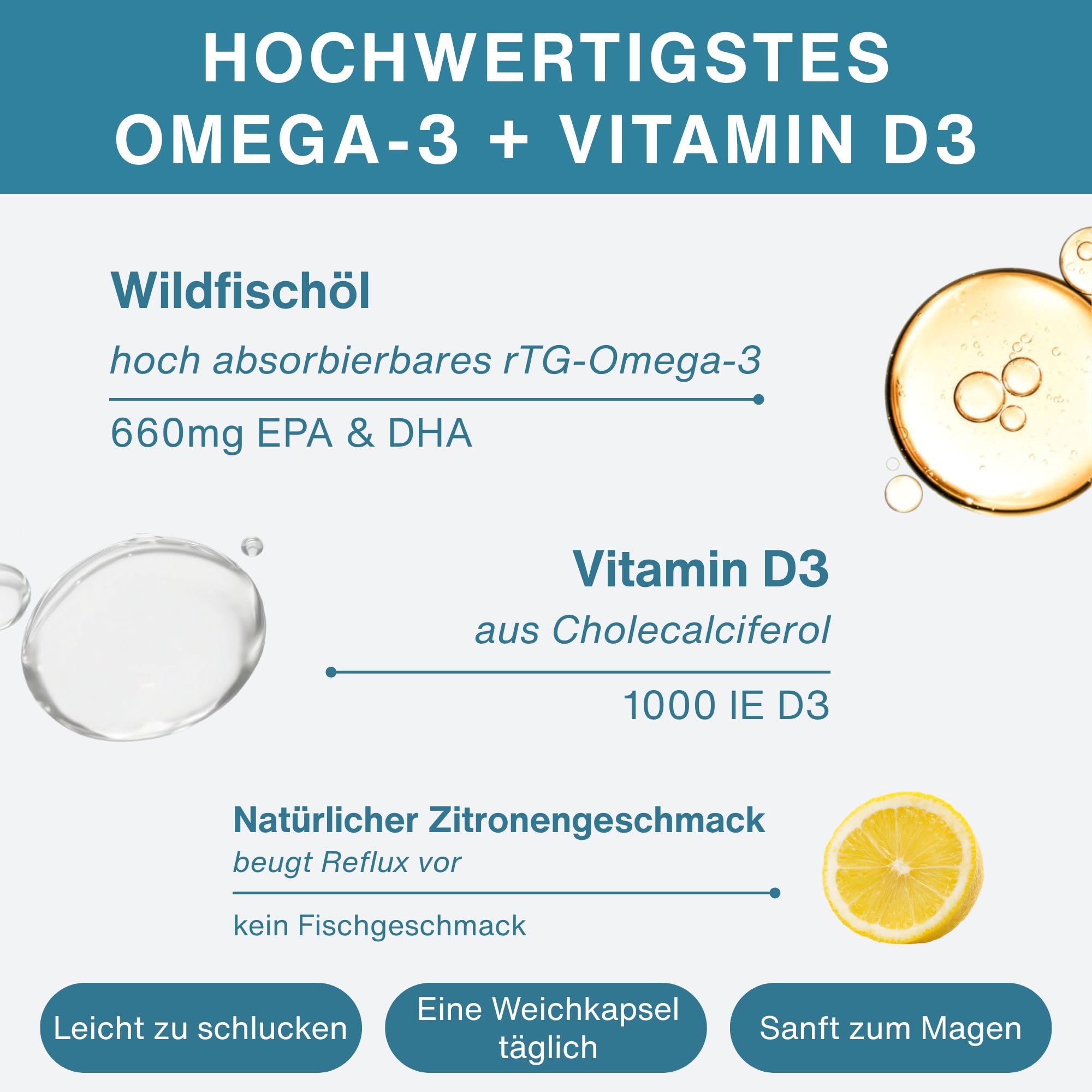 Igennus Hochwertigstes Omega-3 Wildfischöl + D3, rTG Triglycerid form 893mg | EPA & DHA 660mg, IFOS Zertifiziert, 180 Portionen, 1x täglich, frei von Umweltgiften, Zitronengeschmack