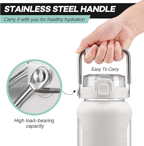 Miniatura 4 de BLUEGO Botella de agua de vidrio de 64 onzas, botellas de agua con mango de acero inoxidable y popote, botella de agua motivacional de medio galón