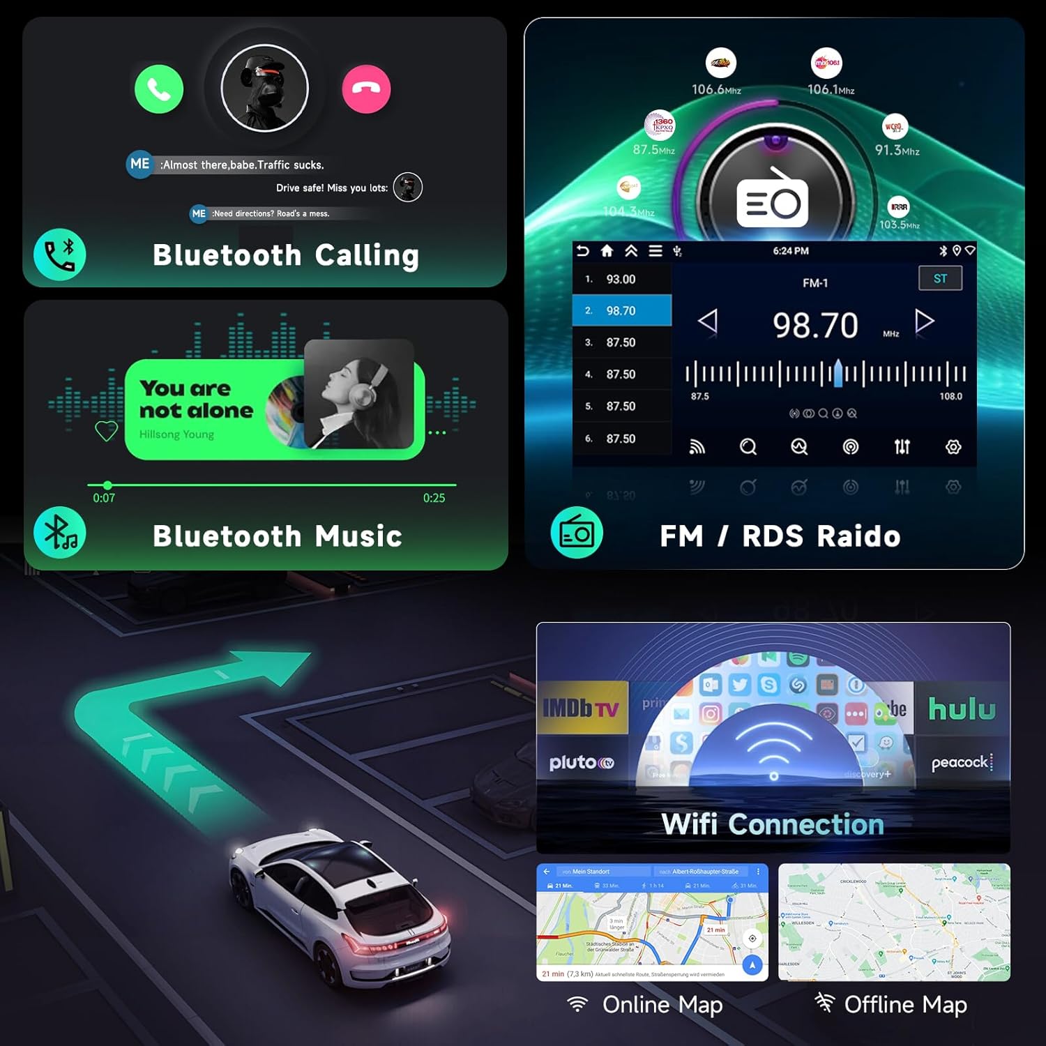 Driauto car stereo features: Bluetooth calling, Bluetooth music, FM/RDS radio, Wi-Fi connection, and GPS navigation