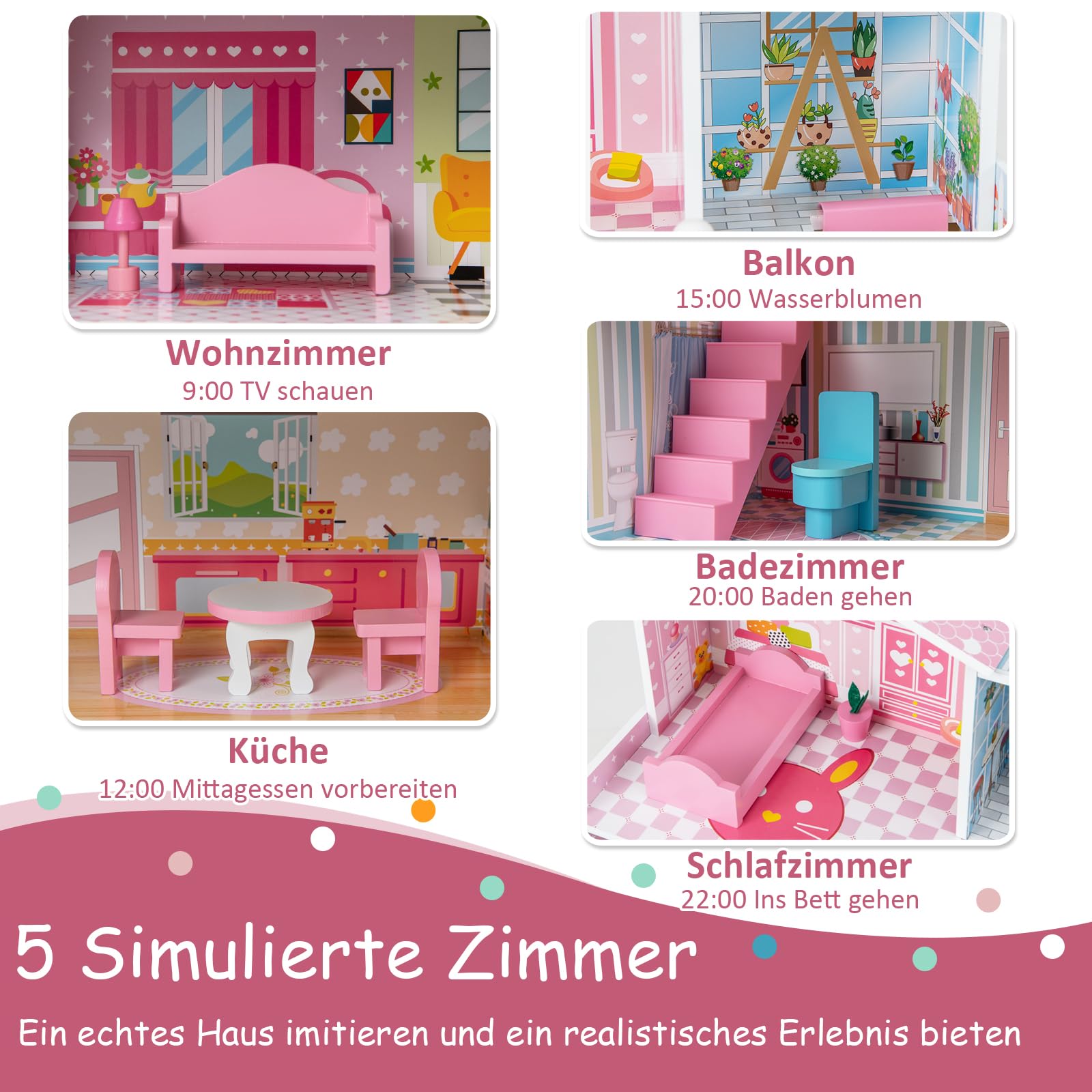 DREAMADE Puppenhaus Holz, 3-stöckiges & Großes Dollhouse mit 5 Zimmern & Möbeln, Zubehör & 2 Treppen & niedlichen Tapeten, Puppenvilla Puppenstube Holzspielzeug rosa Spielzeug für Kinder ab 3 Jahren