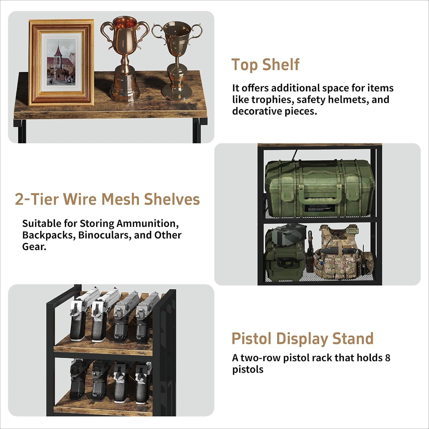 Indoor Gun Racks, Rifle Rack Floor Stand, Heavy Duty Metal Gun Storage Shelf, Gun Display Rack for 4 Rifles and 8 Pistols,for Home Garage Office or Retail Shop, Retro Brown