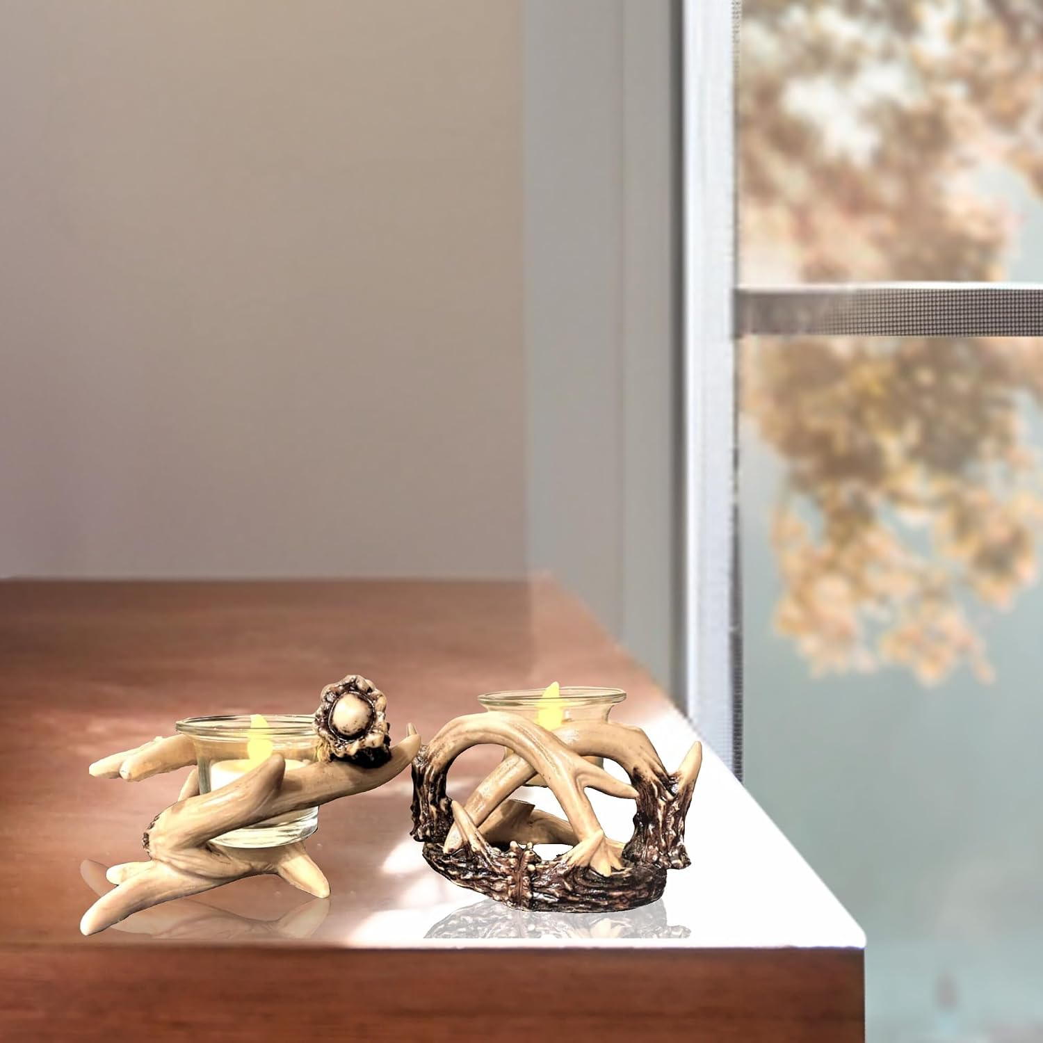 BestGiftEver Rustic Antler Candle Holders - Set of 2 Votive Candle Holders for Cabin Style Decor, Wildlife Decor Accents, Lodge-Inspired Figurines, and Rustic Home Decor with Antler-Themed Design