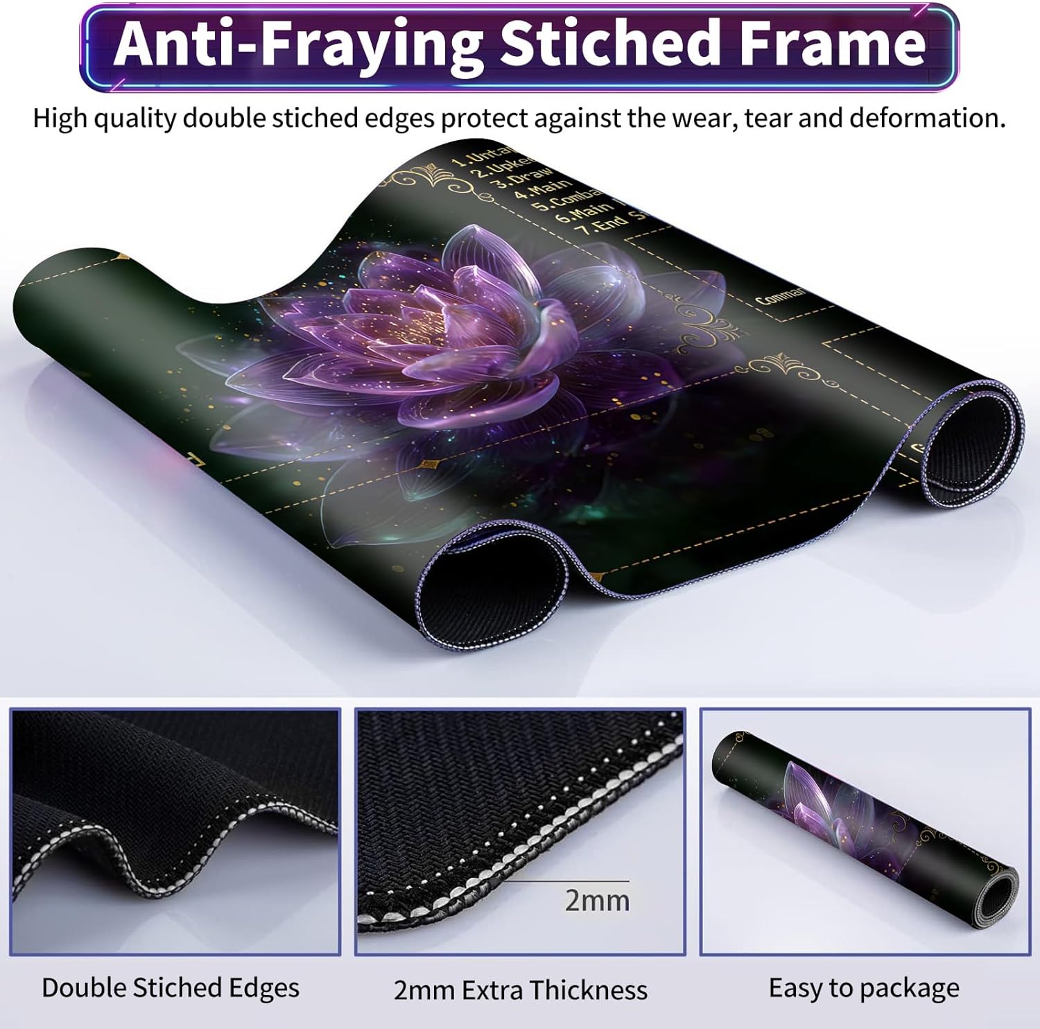 MTG Playmat with Zones, TCG Playmat Card Game Mat for Magic The Gathering, 24x14 inch Stitched Edge Non-Slip Base with Storage Bags, Mysterious Lotus
