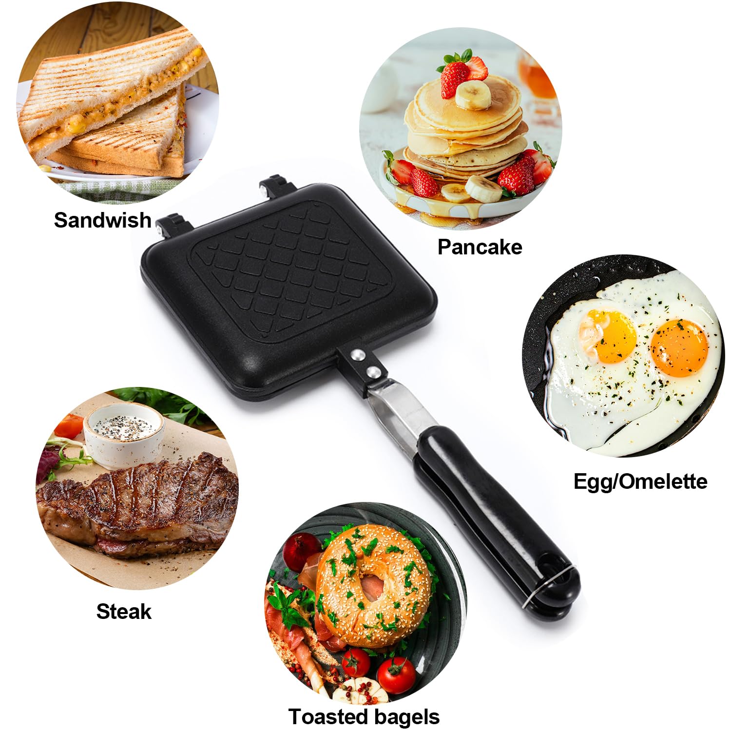 Sartén para sándwiches a la parrilla, tostada con asa, sartén abatible de aluminio antiadherente de doble cara para cocineros caseros, tostadas, cocina, desayuno, campamento, color negro 7