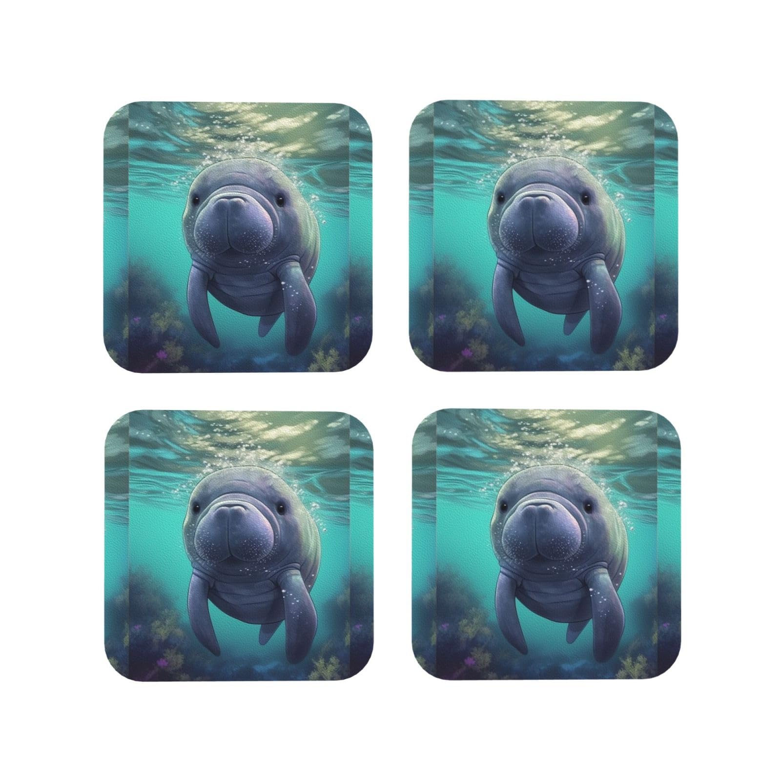 4Pcs PU Leather Coaster for Drinks, Cute Sea Animal Manatee Cup Coastersr 4" Cup Mat Pad, Aesthetic Drink Coasters for Coffee Table, Square Coaster for Tabletop Protection