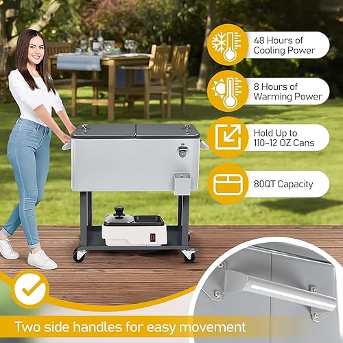 Miniatura 5 de Outvita 80 Quart Rolling Ice Chest, Portable Bar Drink Cooler with Catch Basin, Bottom Storage Tray and Bottle Opener for Patio Party BBQ Beach Negro