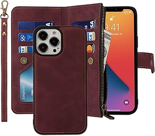 iCoverCase iPhone 13 Pro Max Wallet Case with Card Holder, 2 in 1 PU Leather Case with Magnetic Clasp Zipper Pocket Shockproof Detachable Flip Case with Wrist Strap for iPhone 13 Pro Max (Claret)